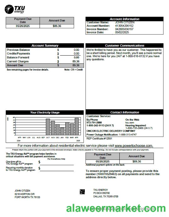 USA TXU Energy utility bill template in Word and PDF formats, version 6